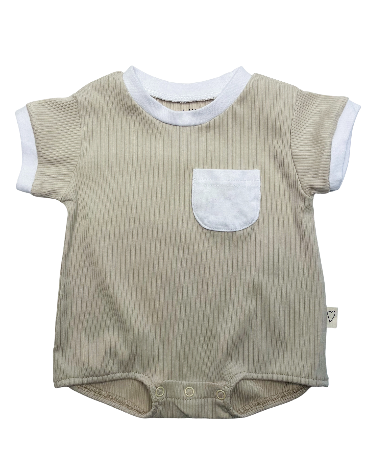 Ribbed Organic Cotton & Bamboo Blend Short Sleeve Bubble Romper- White/Beige