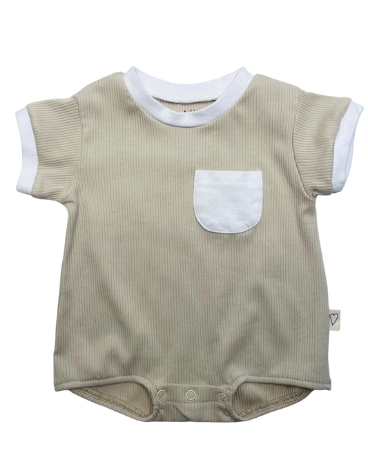 Ribbed Organic Cotton & Bamboo Blend Short Sleeve Bubble Romper- White/Beige