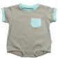 Ribbed Organic Cotton & Bamboo Blend Short Sleeve Bubble Romper- Aqua/Beige