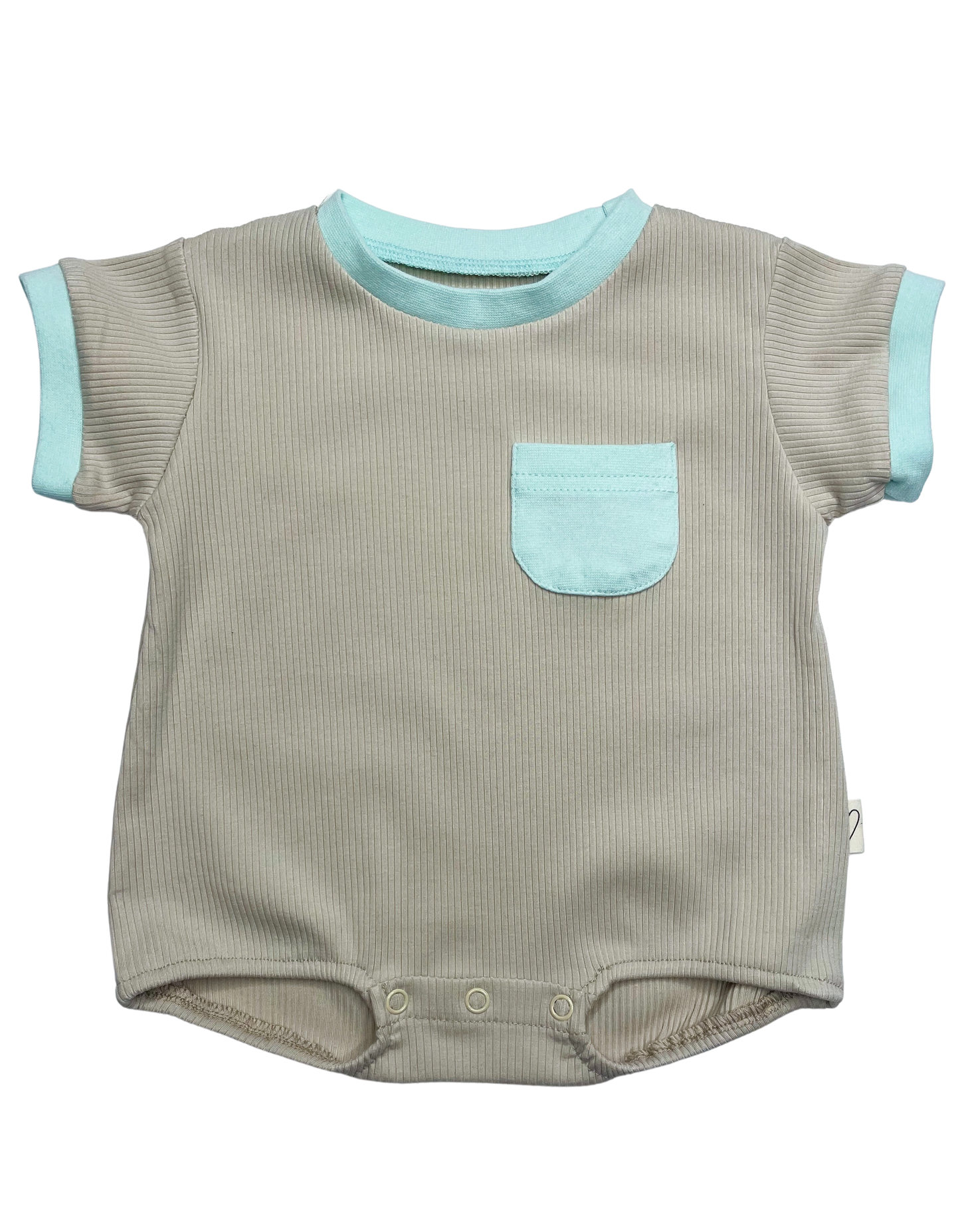 Ribbed Organic Cotton & Bamboo Blend Short Sleeve Bubble Romper- Aqua/Beige