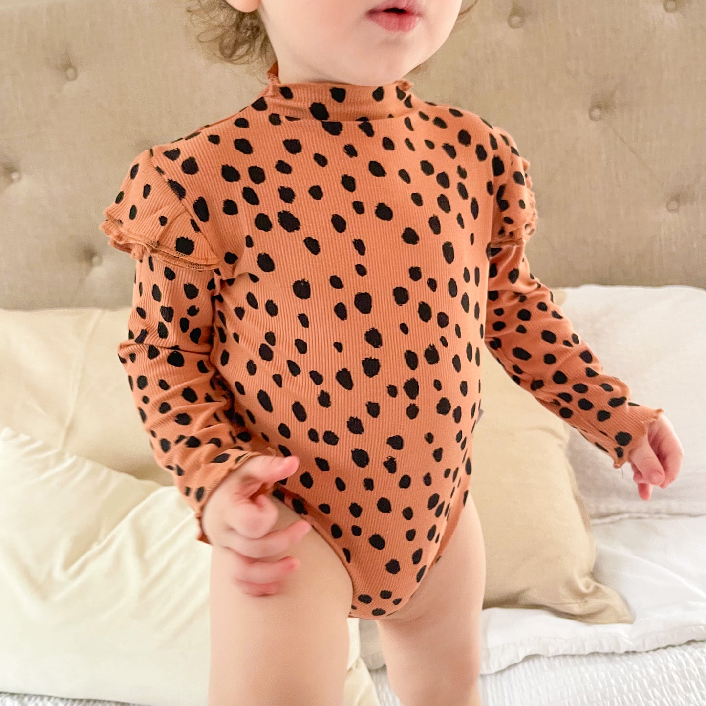 Ribbed Bamboo Long Sleeve Bodysuit- Spotted Print